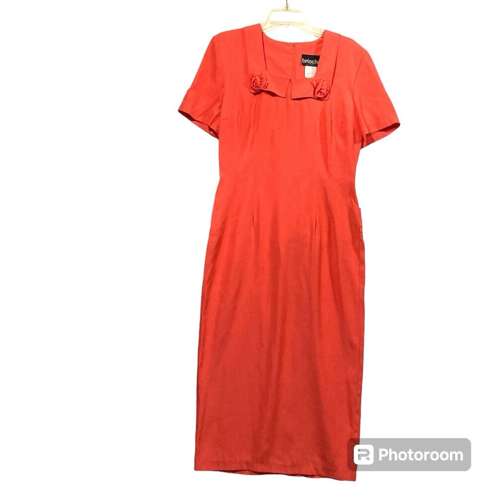 Vintage Maxi Dress Juniors 11/12 Orange 3D Flower Short Sleeve Fitted Brioche